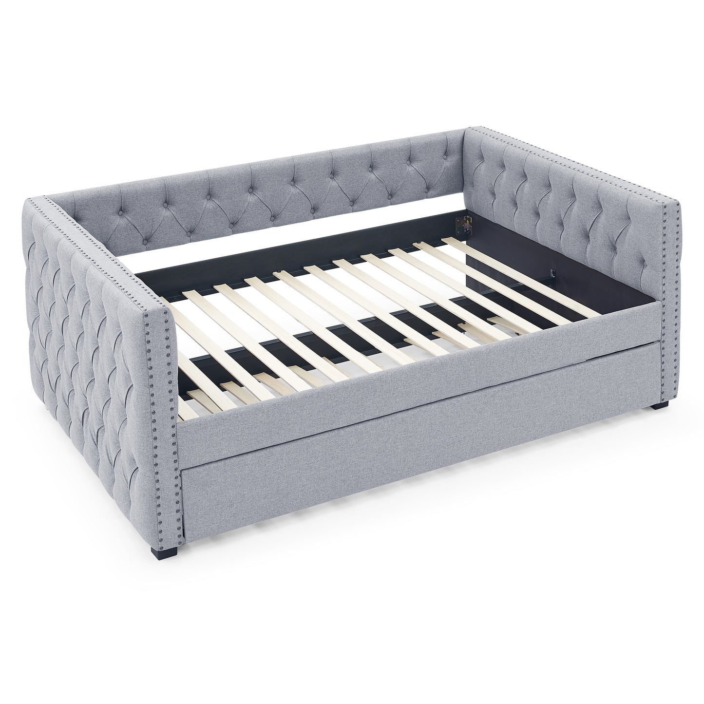 Daybed with Trundle Upholstered Tufted Sofa Bed, with Button and Copper Nail on Square Arms,Full Daybed & Twin Trundle, Grey(85"x57"x31.5")