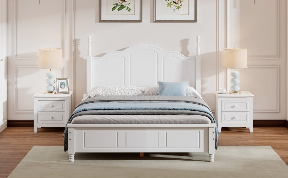 Full Size Wood Platform Bed Frame,Retro Style Platform Bed with Wooden Slat Support,White