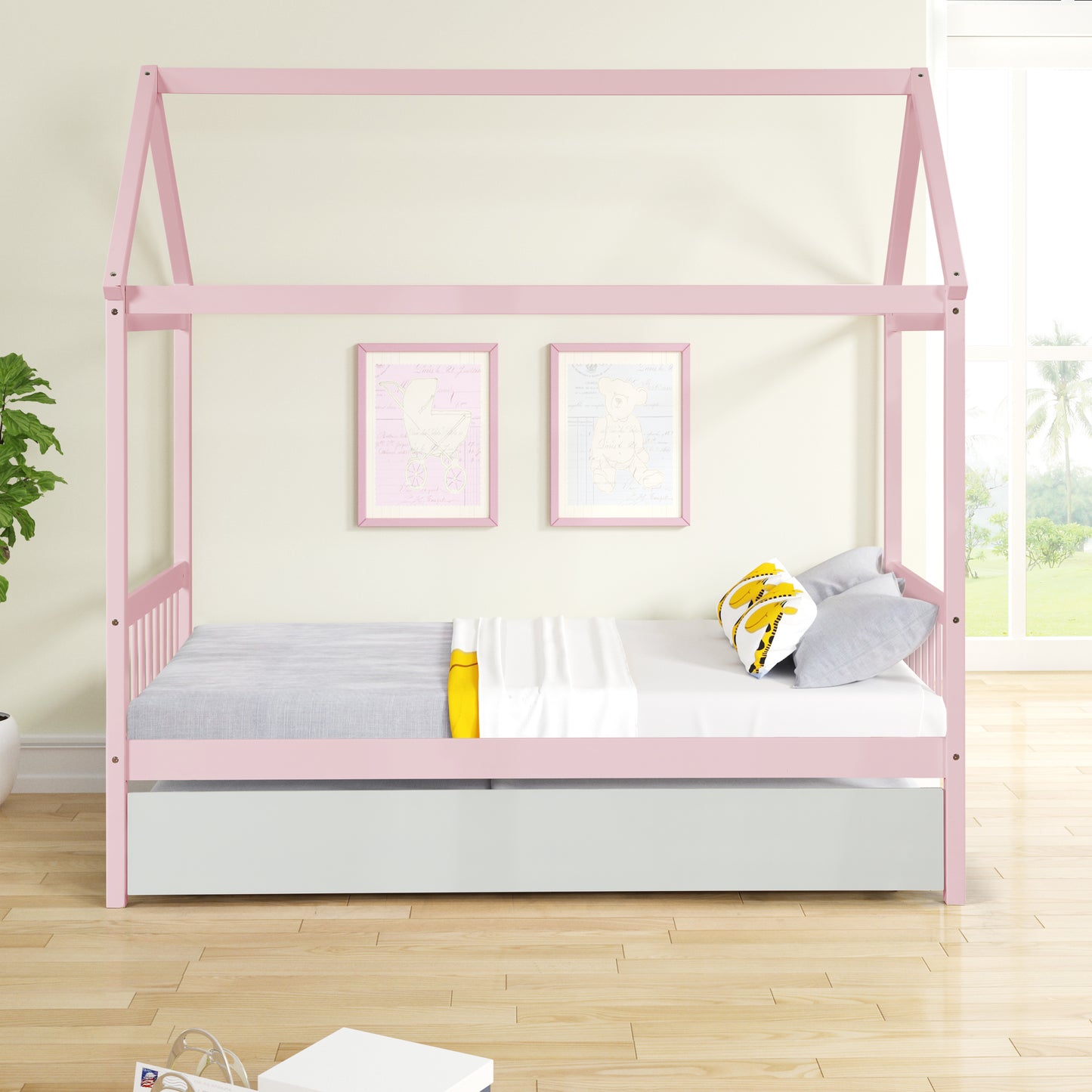 Wood Twin House Platform Bed Frame with Twin Size Trundle - Warm Pink Color, No Box Spring Needed