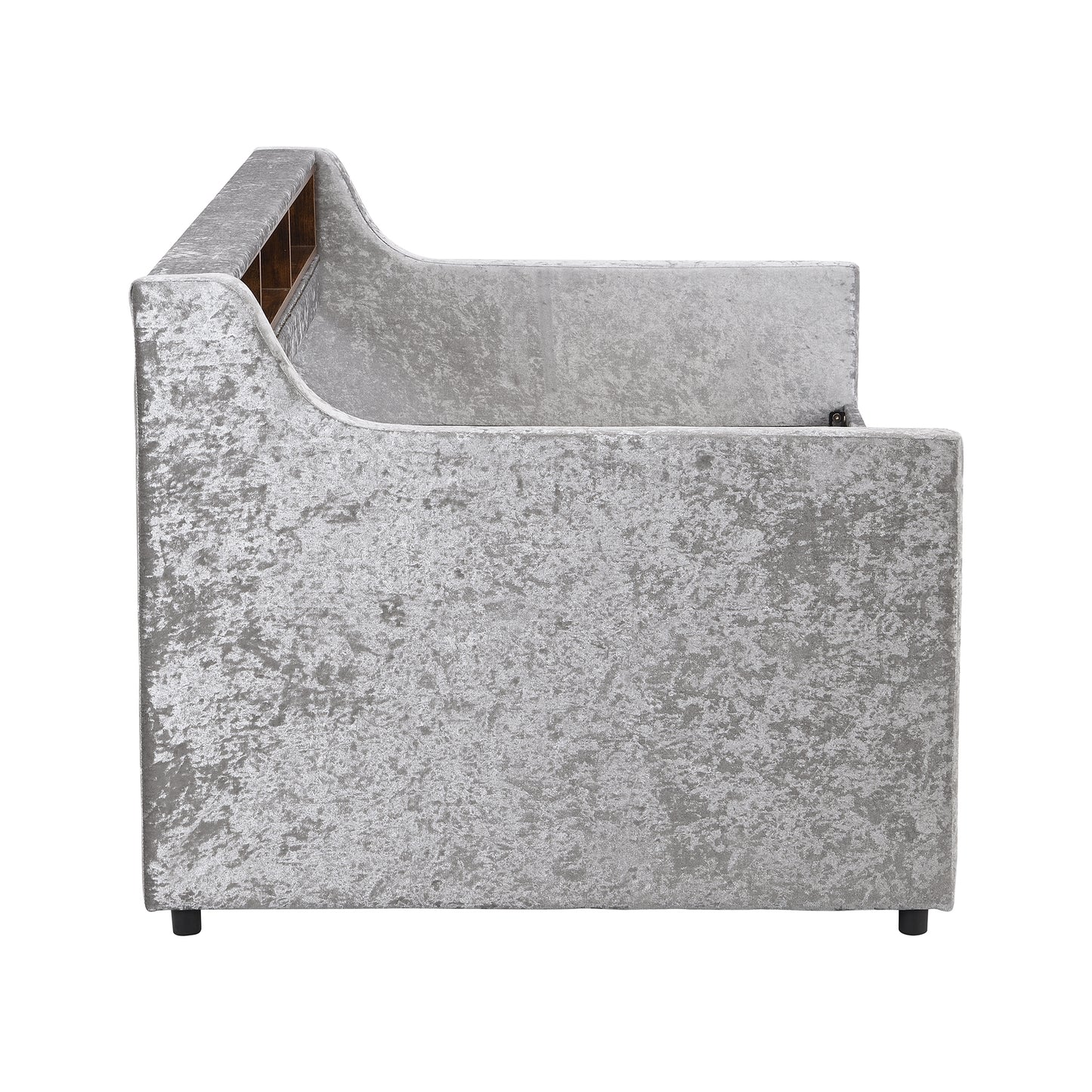 Twin Size Snowflake Velvet Daybed with Trundle and Built-in Storage Shelves,Gray