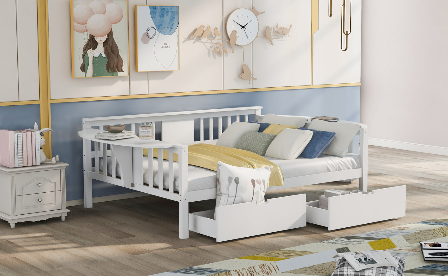 Full size Daybed with Two Drawers, Wood Slat Support, White
