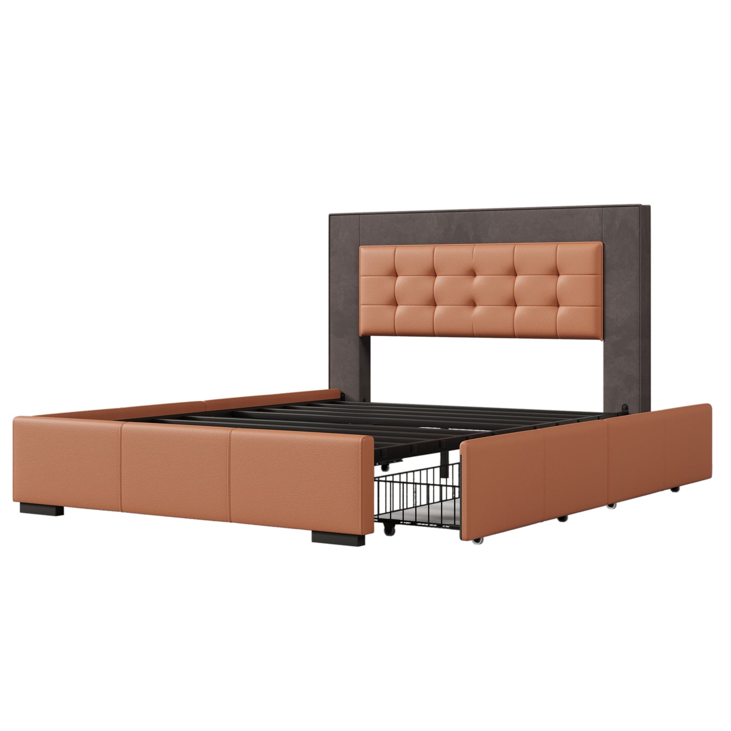 Modern Style Upholstered Queen Platform Bed Frame with Four Drawers, Button Tufted Headboard with PU Leather and Velvet, Two Color, Orange and Brown