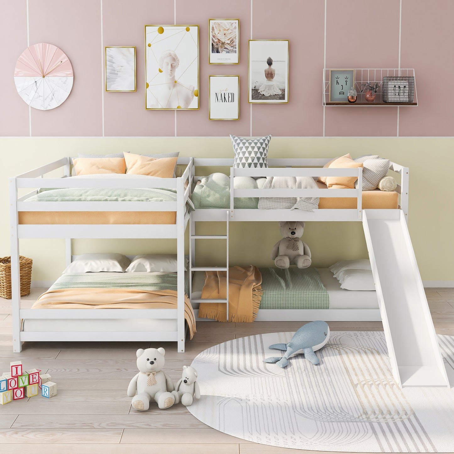 Full and Twin Size L-Shaped Bunk Bed with Slide and Short Ladder,White