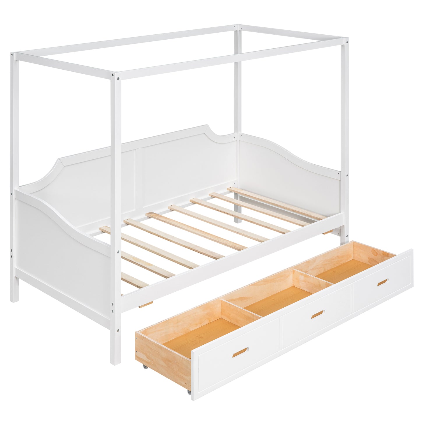 Twin Size Wooden Canopy Daybed with 3 in 1 Storage Drawers,White