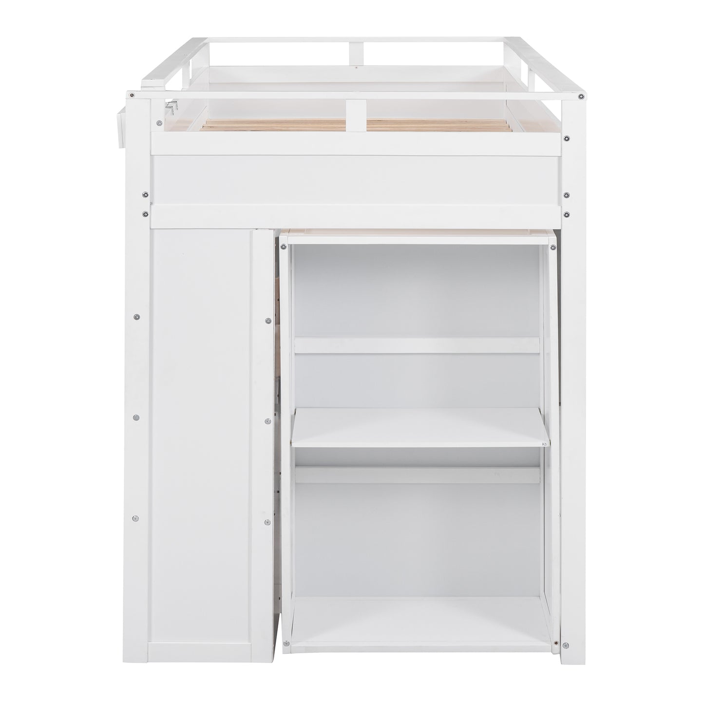 Twin Loft Bed with Rolling Cabinet and Desk - White