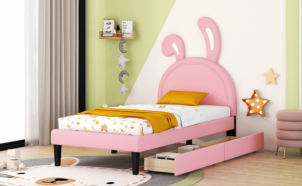 Twin Size Upholstered Leather Platform Bed with Rabbit Ornament and 2 Drawers, Pink