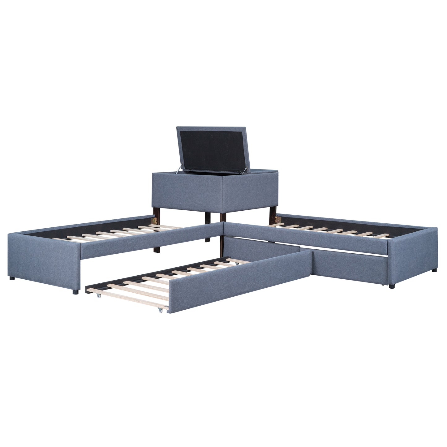 L-shaped Upholstered Platform Bed with Trundle and Two Drawers Linked with built-in Desk,Twin,Gray