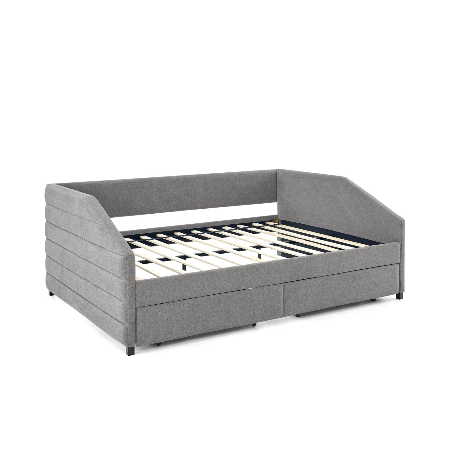 Queen Size Upholstered Tufted Daybed with Two Drawers, Linen Fabric, Grey