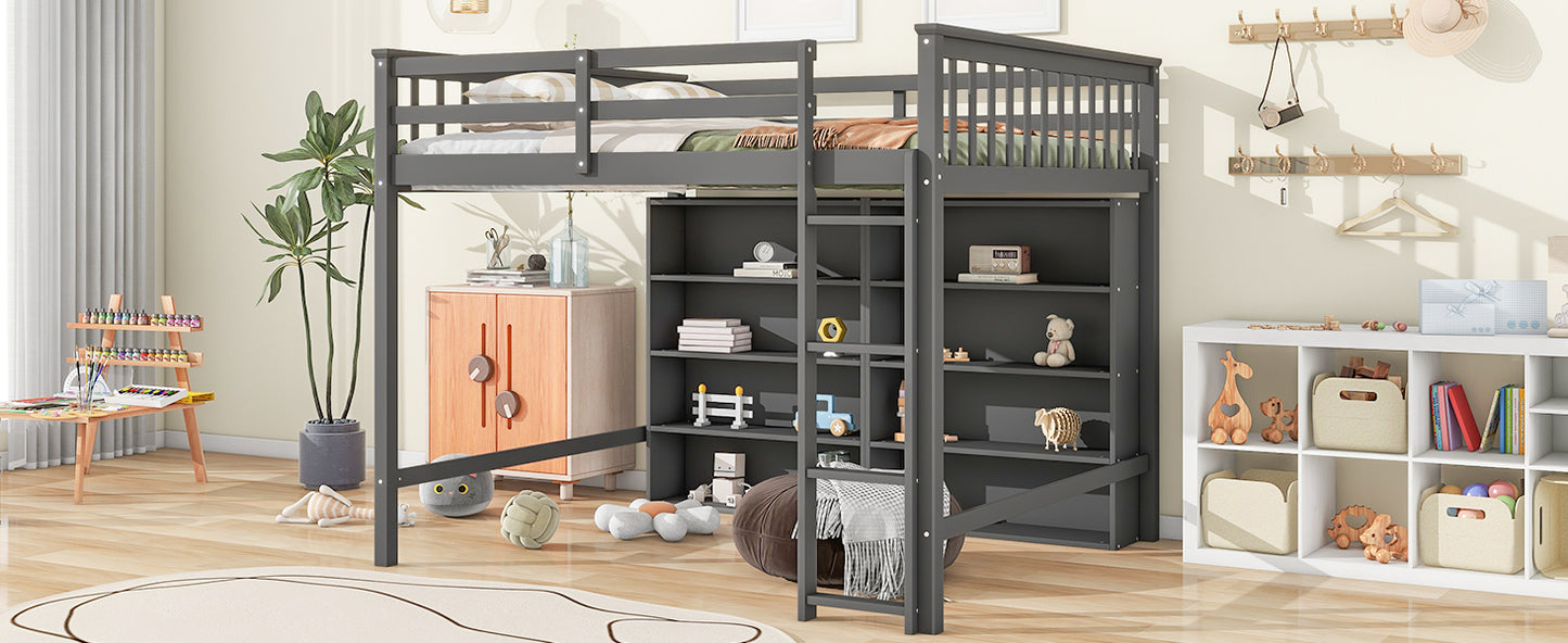 Full Size Loft Bed with 8 Open Storage Shelves and Built-in Ladder, Gray