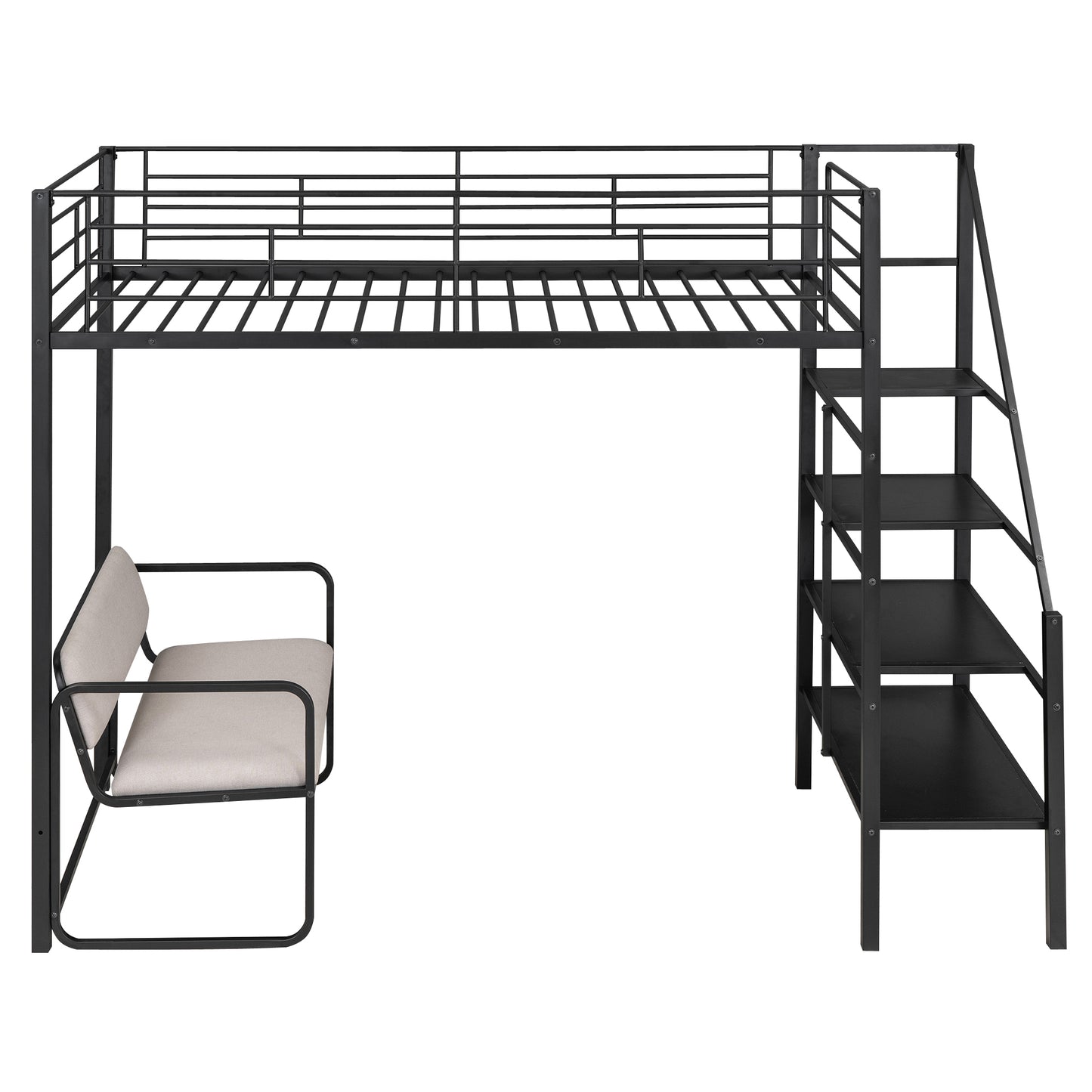 Twin Size Metal Loft Bed with Bench and Storage Staircase, Black