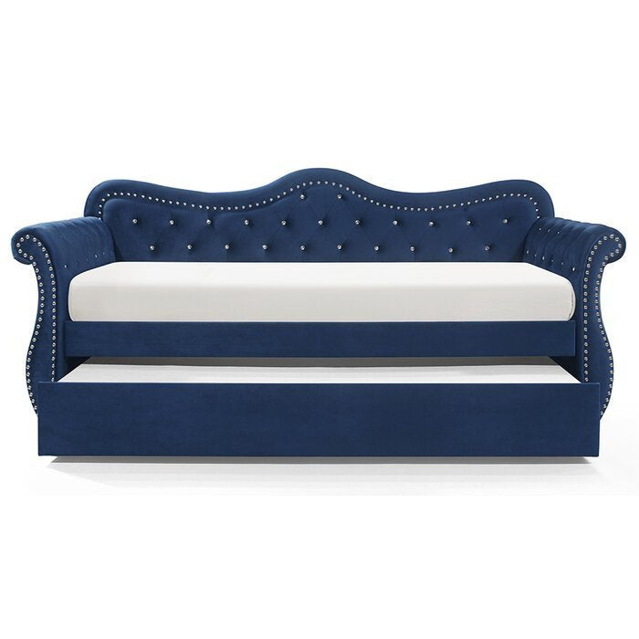 Galaxy Home Abby Upholstered Velvet Wood Daybed with Trundle in Blue