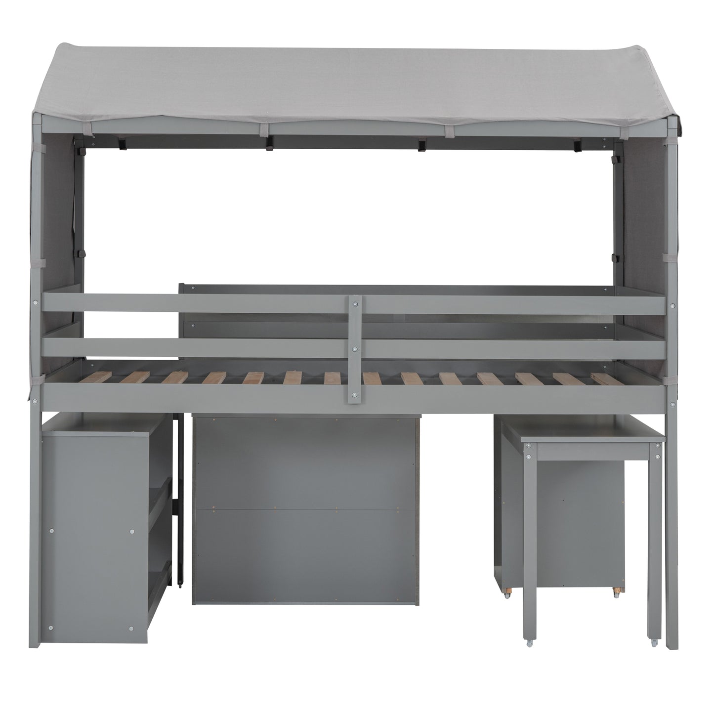 Twin Size Loft Bed with Rolling Cabinet, Shelf and Tent - Gray