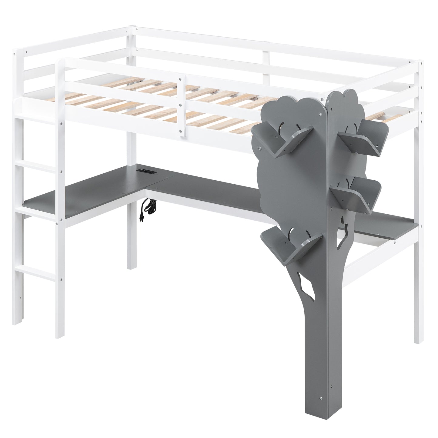 Twin Size Loft Bed with L-shaped Desk,Tree Shape Bookcase and Charging Station, White+Gray