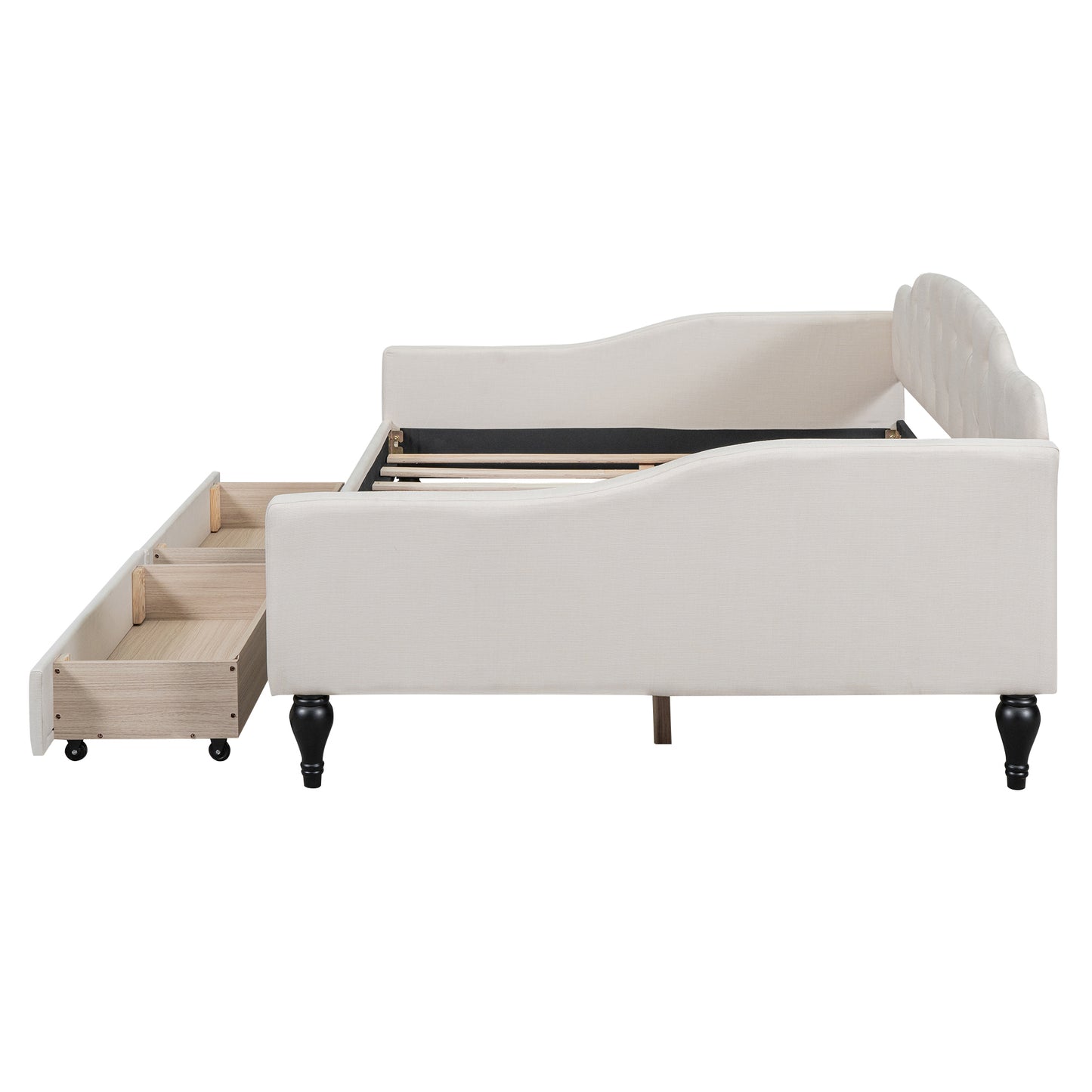 Full Size Upholstered Tufted Daybed with Two Drawers, Beige