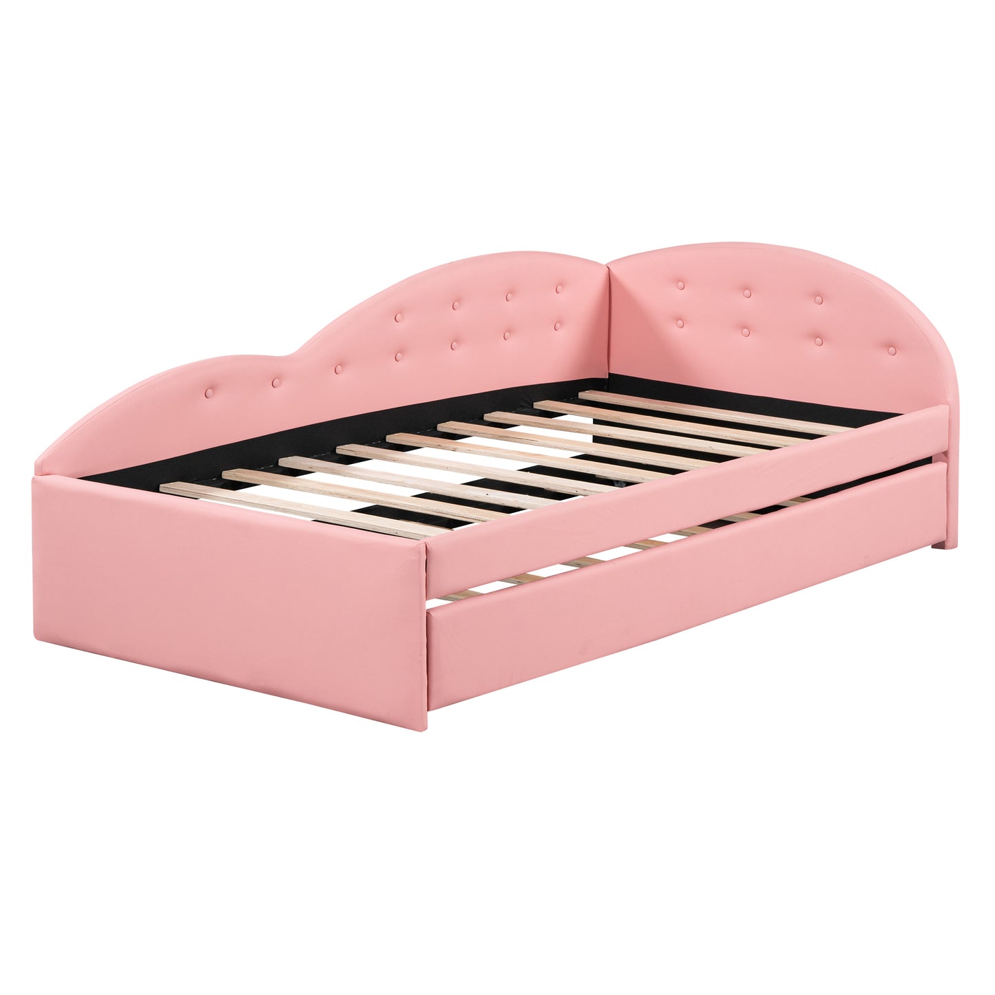 Twin Size PU Upholstered Tufted Daybed with Trundle and Cloud Shaped Guardrail, Pink