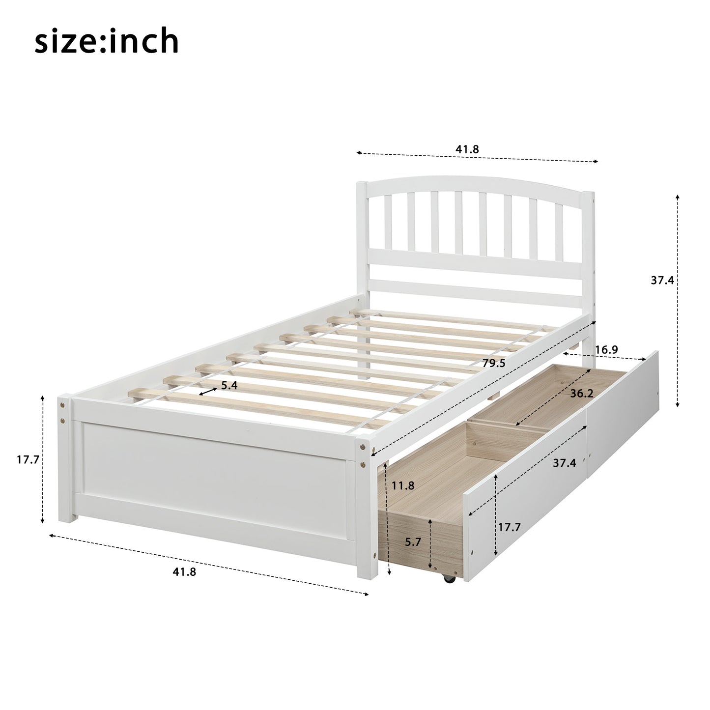 Twin Platform Storage Bed Wood Bed Frame with Two Drawers and Headboard, White (Previous SKU: SF000062KAA)