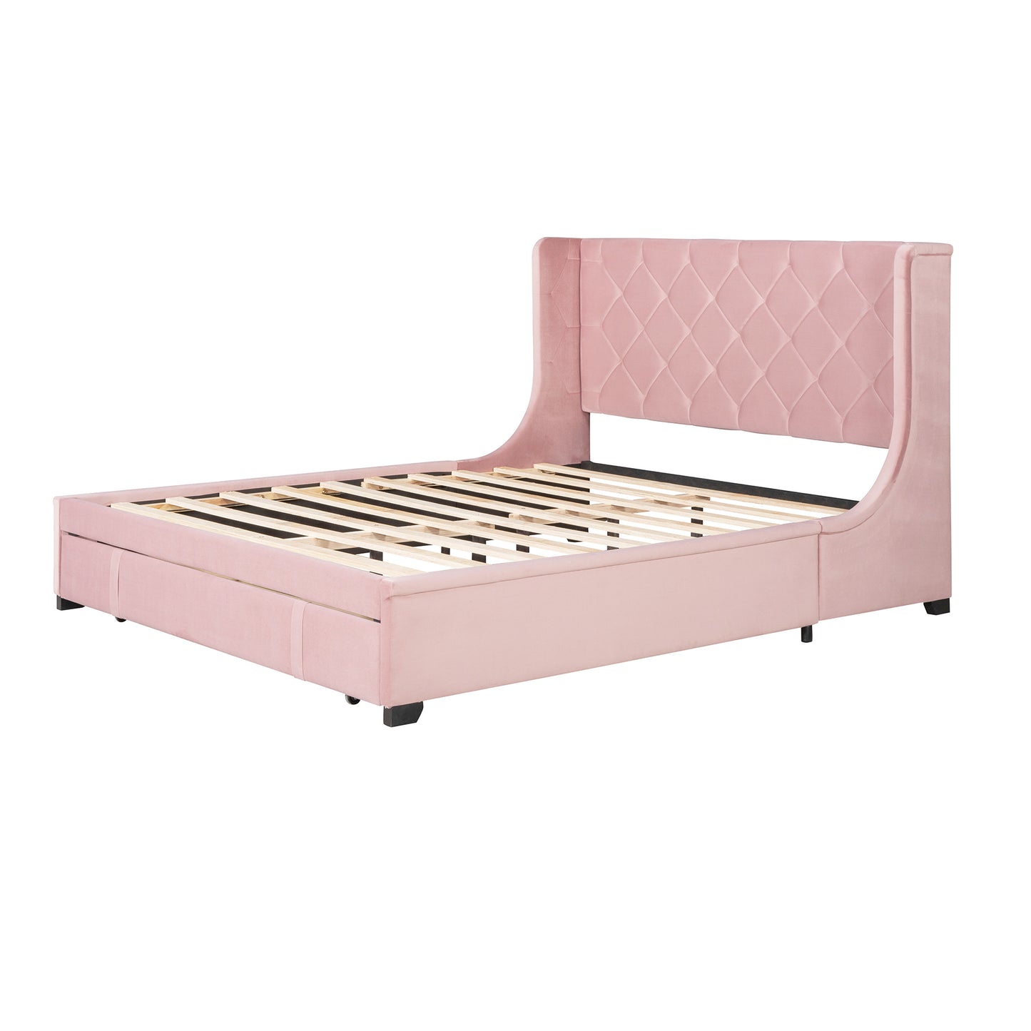 Queen-Size Pink Velvet Upholstered Platform Bed with Wingback Headboard and Single Large Storage Drawer