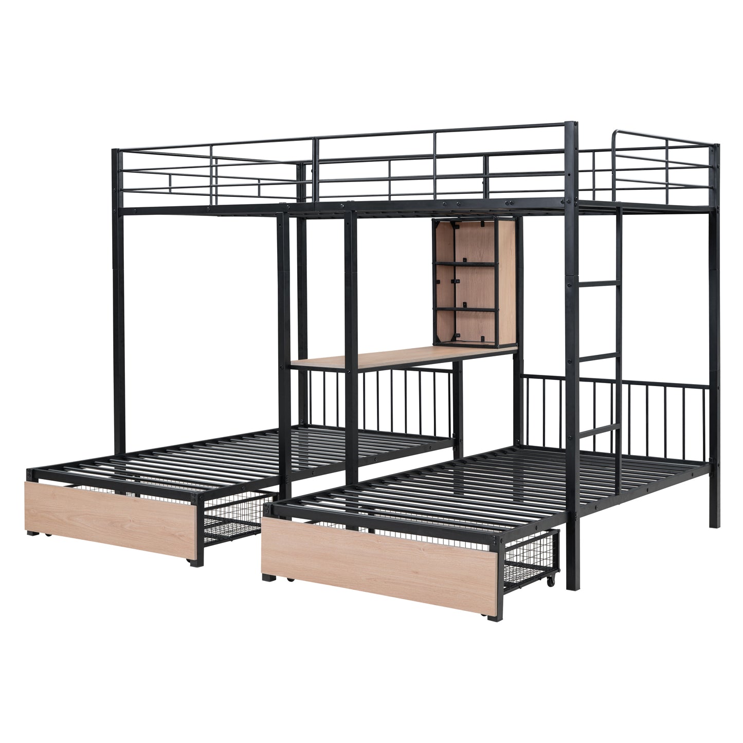 Full Over Twin & Twin Triple Bunk Bed with Drawers, Multi-functional Metal Frame Bed with desks and shelves in the middle, Black