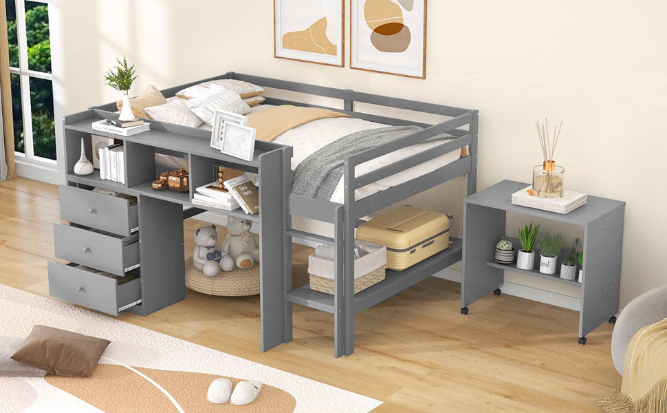 Full Size Low Loft Bed with Rolling Portable Desk, Drawers and Shelves, Gray