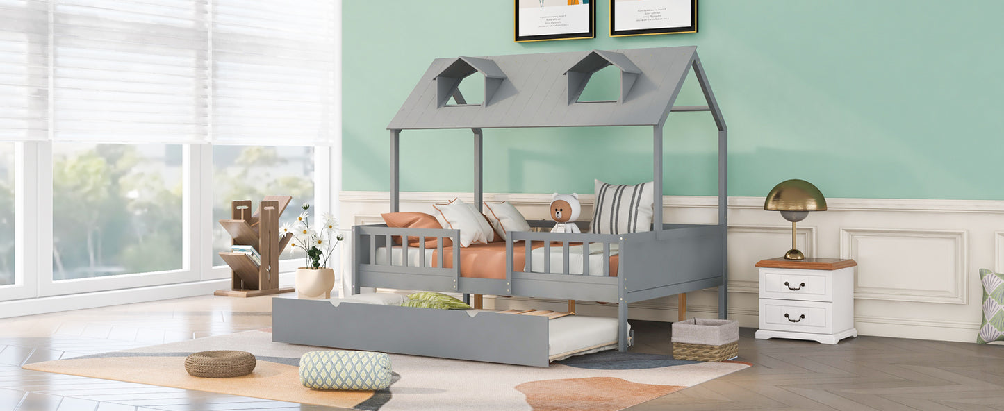 Full Size Wood House Platform Bed with Twin Size Trundle, Gray
