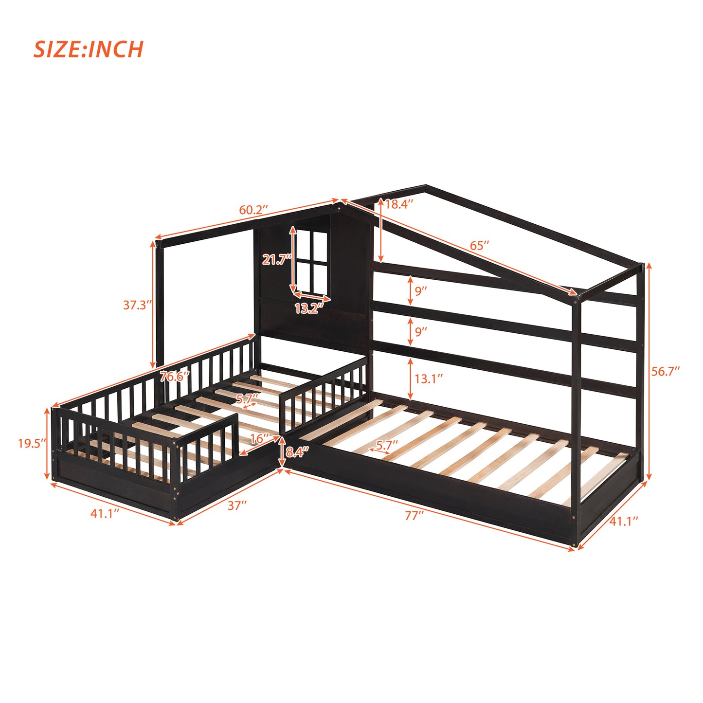 Twin Size L-Shaped Wood House Platform Bed with Fence - Espresso