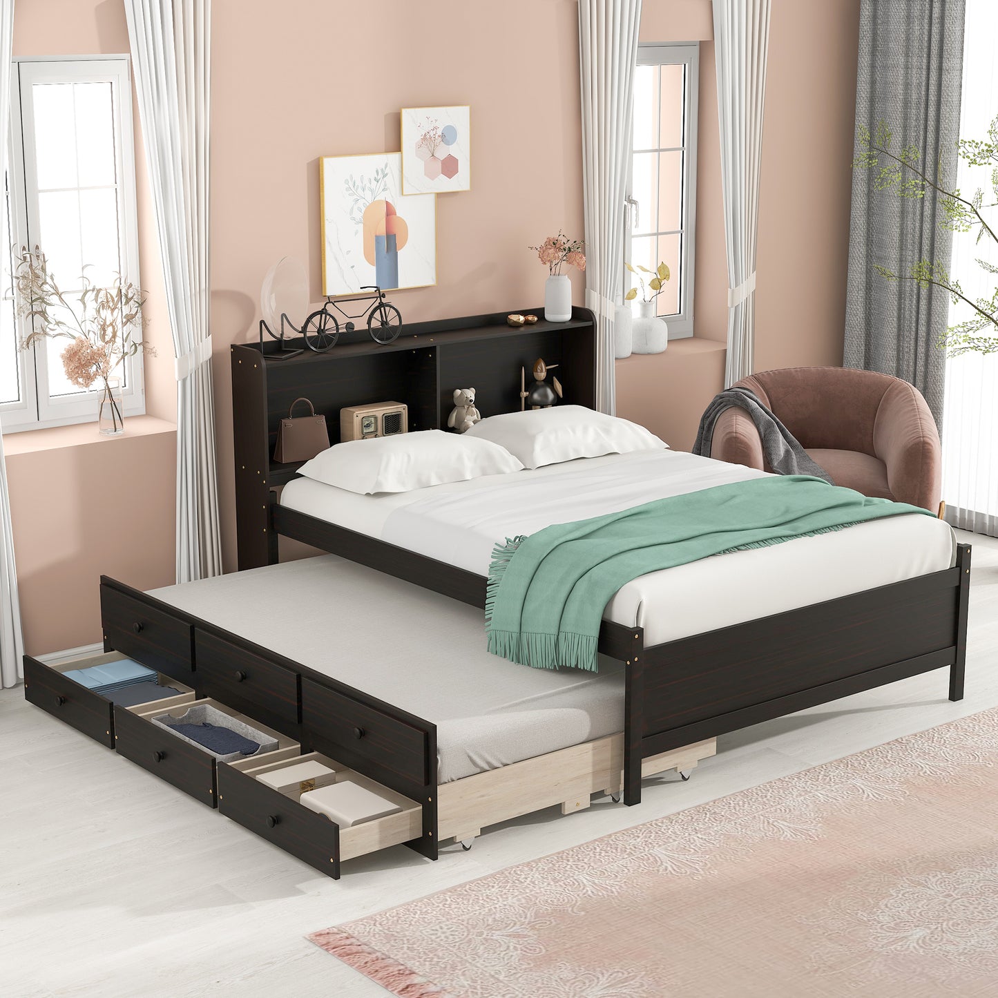 Full Platform Bed with Bookcase, Twin Trundle, Drawers, Espresso