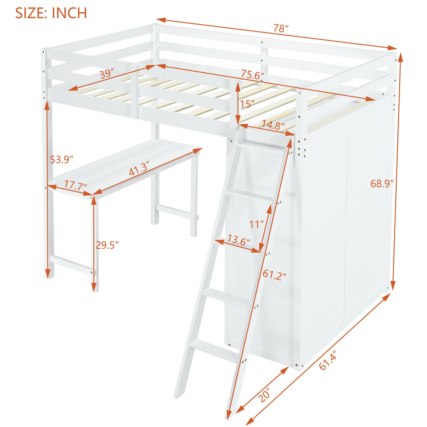 Twin Size Loft Bed with Wardrobe and Desk, White