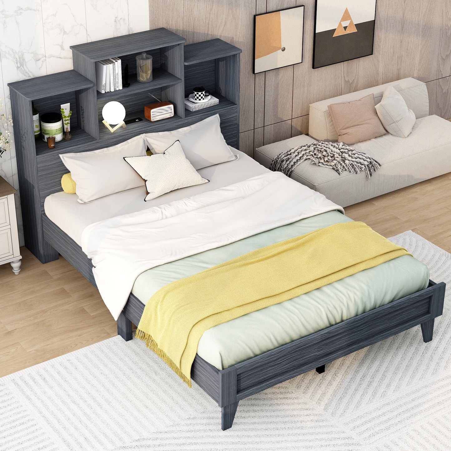 Full Size Storage Platform Bed Frame with 4 Open Storage Shelves and USB Charging Design,Gray
