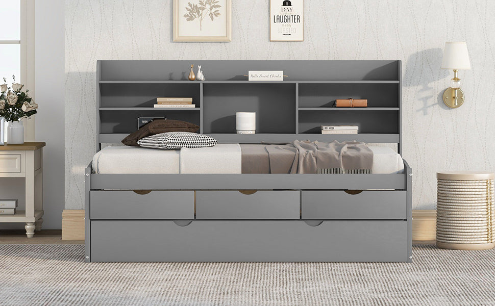 Twin Size Wooden Captain Platform Bed with Built-in Bookshelves,Three Storage Drawers and Trundle, Light Grey