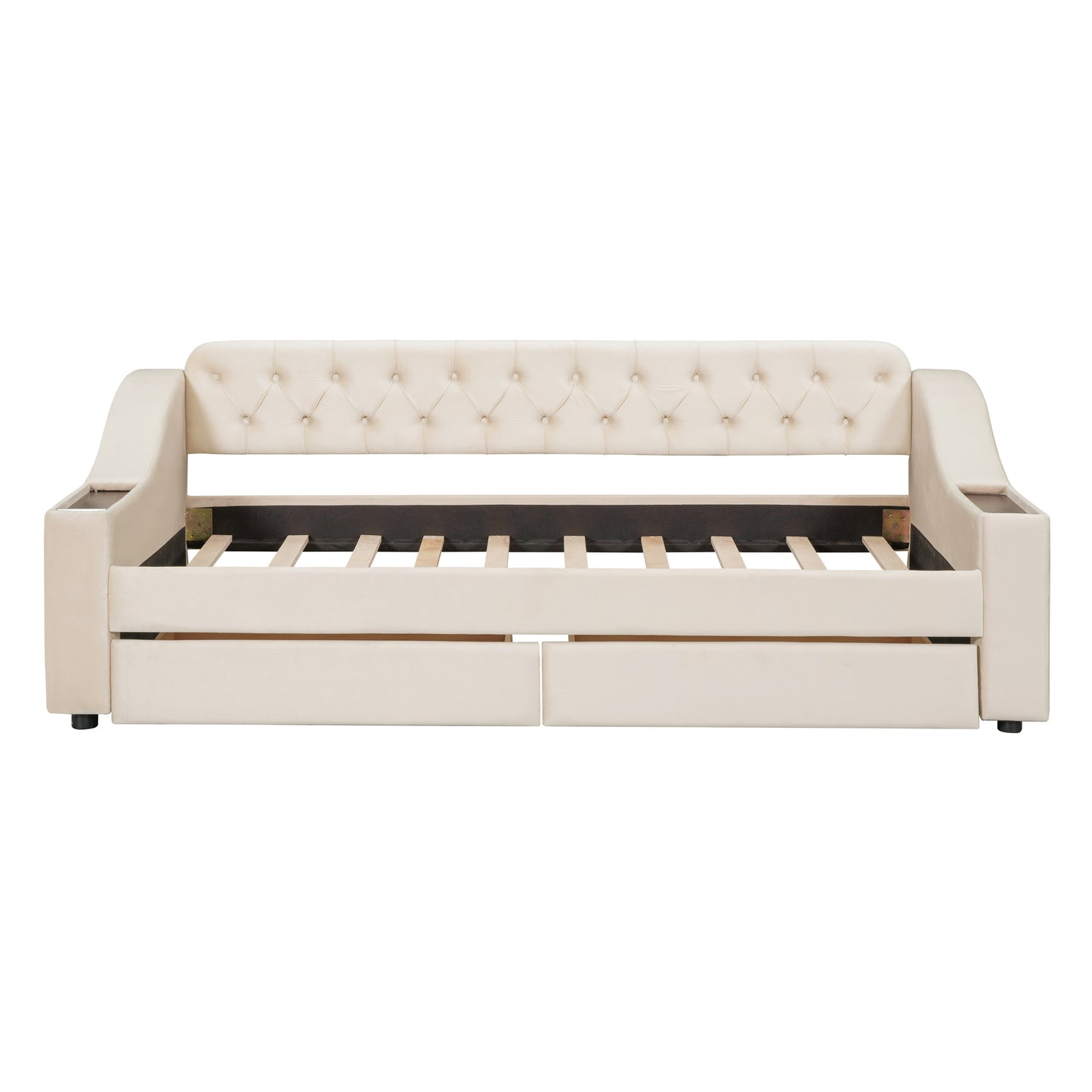 Twin Size Upholstered Daybed with Storage Armrests and USB Port, Beige