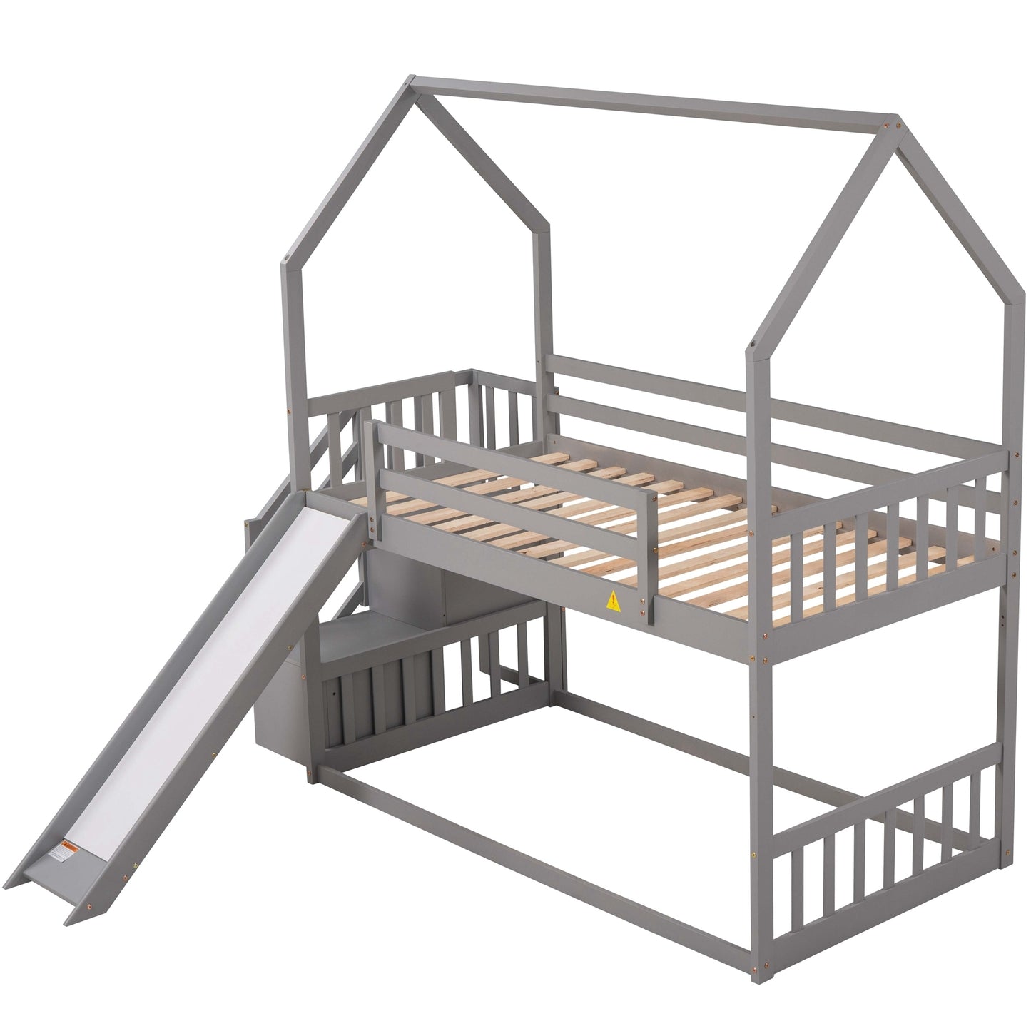 Twin over Twin House Bunk Bed with Convertible Slide,Storage Staircase can be Placed Left or Right,Gray