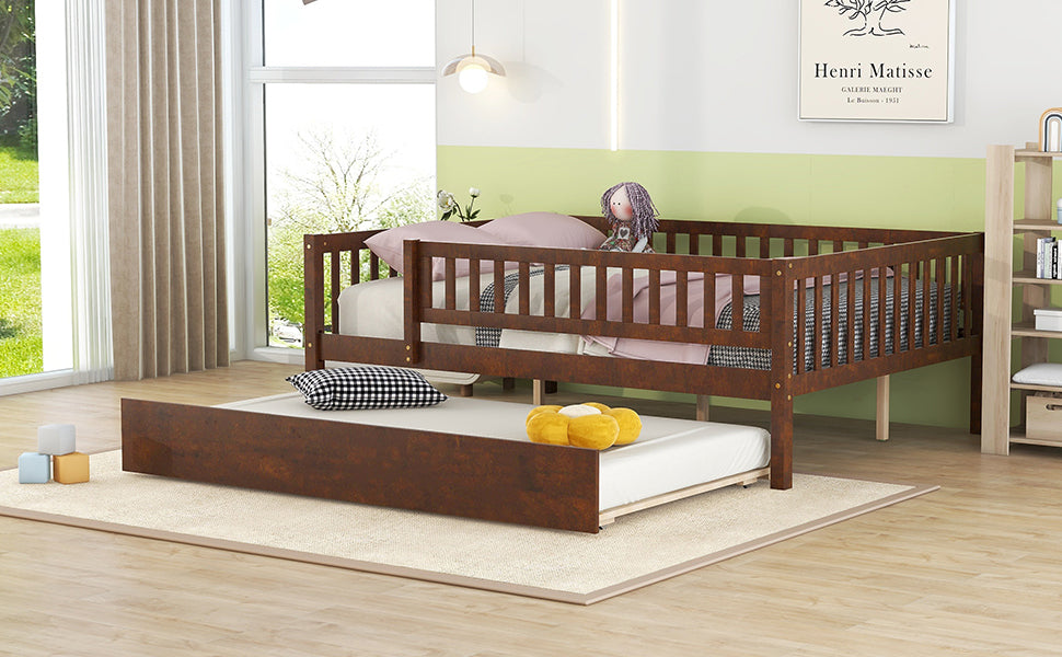 Full Size Wood Daybed with Trundle and Fence Guardrails, Walnut
