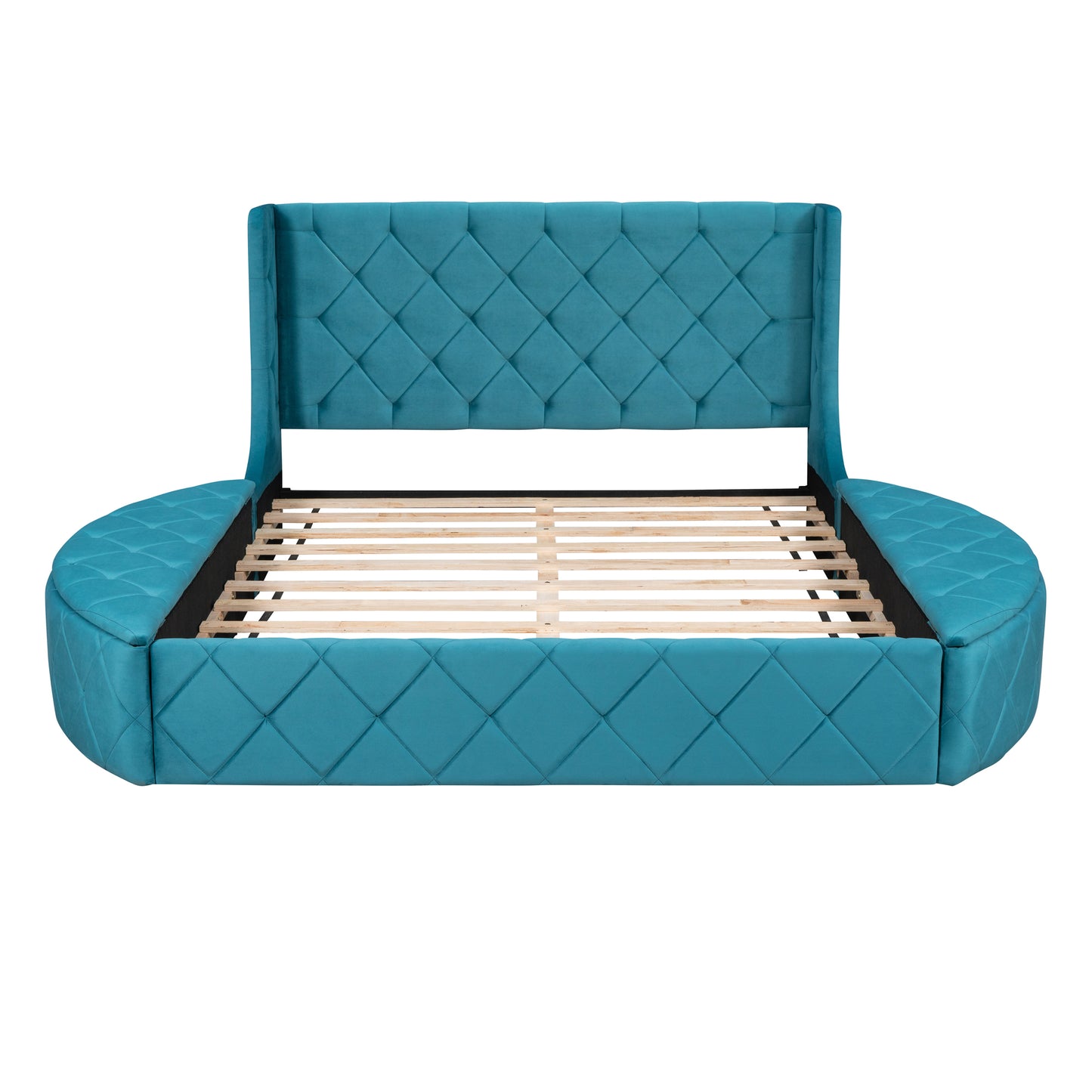 Upholstered Platform Bed Queen Size Storage Velvet Bed with Wingback Headboard and 1 Big Drawer,2 Side Storage Stool(Blue)