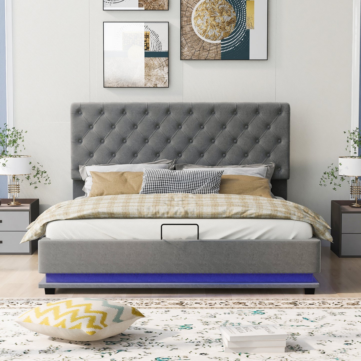 Queen Size Storage Upholstered Platform Bed with Adjustable Tufted Headboard and LED Light, Gray