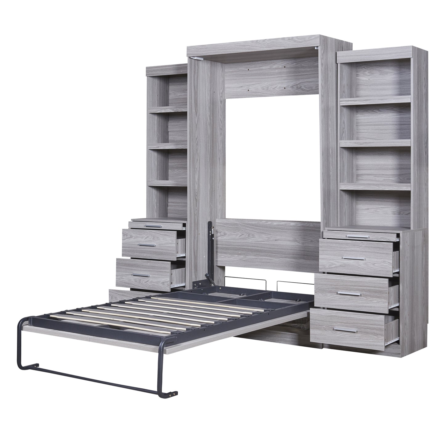 Twin Size Murphy Bed with Storage Shelves and Drawers, Gray