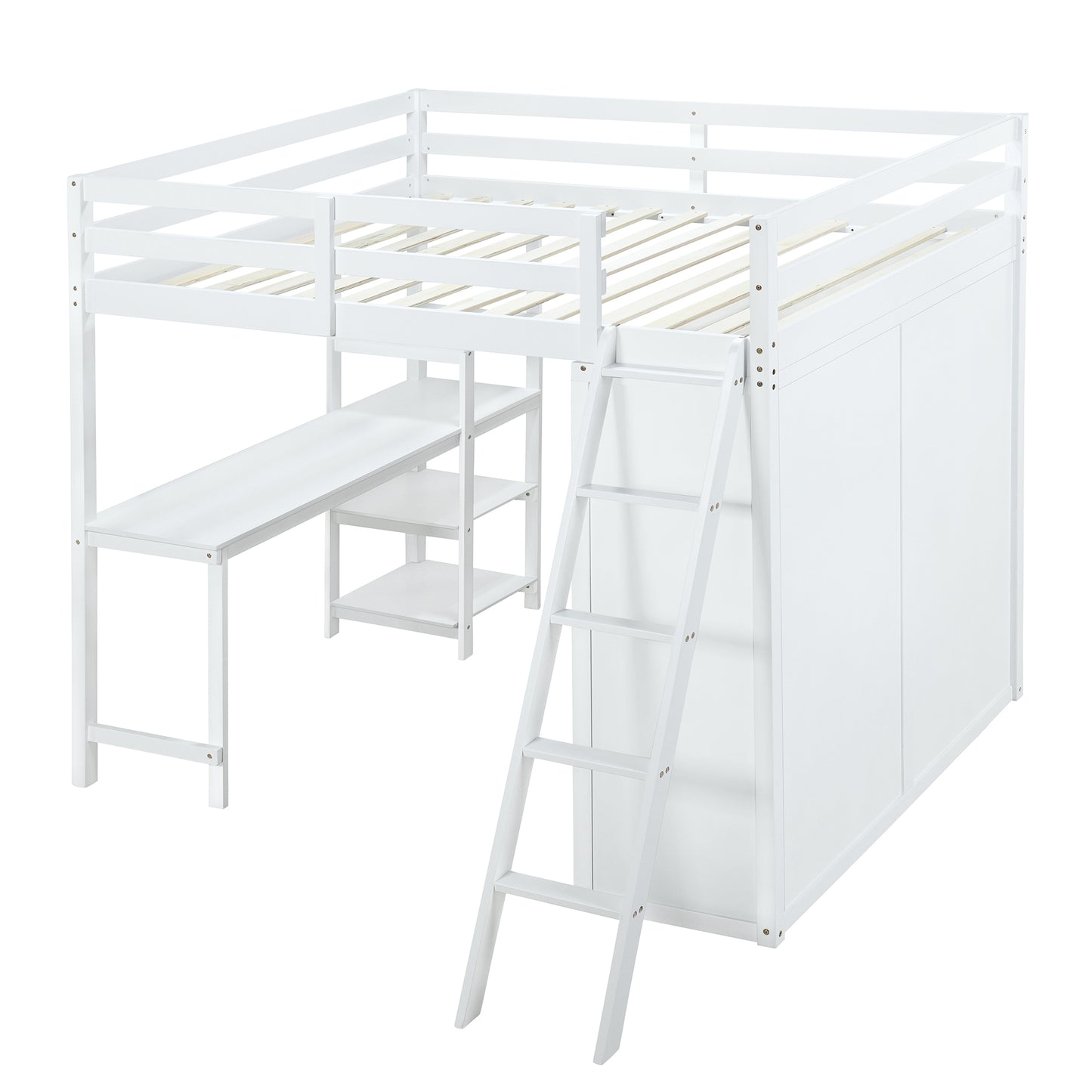 Full Size Loft Bed with Wardrobe and Desk and Shelves, White