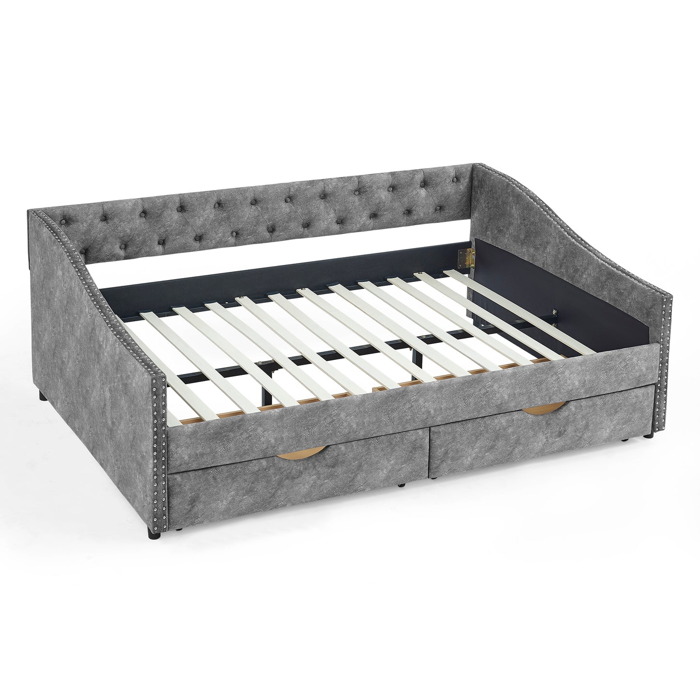 Full Size Daybed with Drawers Upholstered Tufted Sofa Bed, with Button on Back and Copper Nail on Waved Shape Arms, Grey (80.5''x55.5''x27.5'')