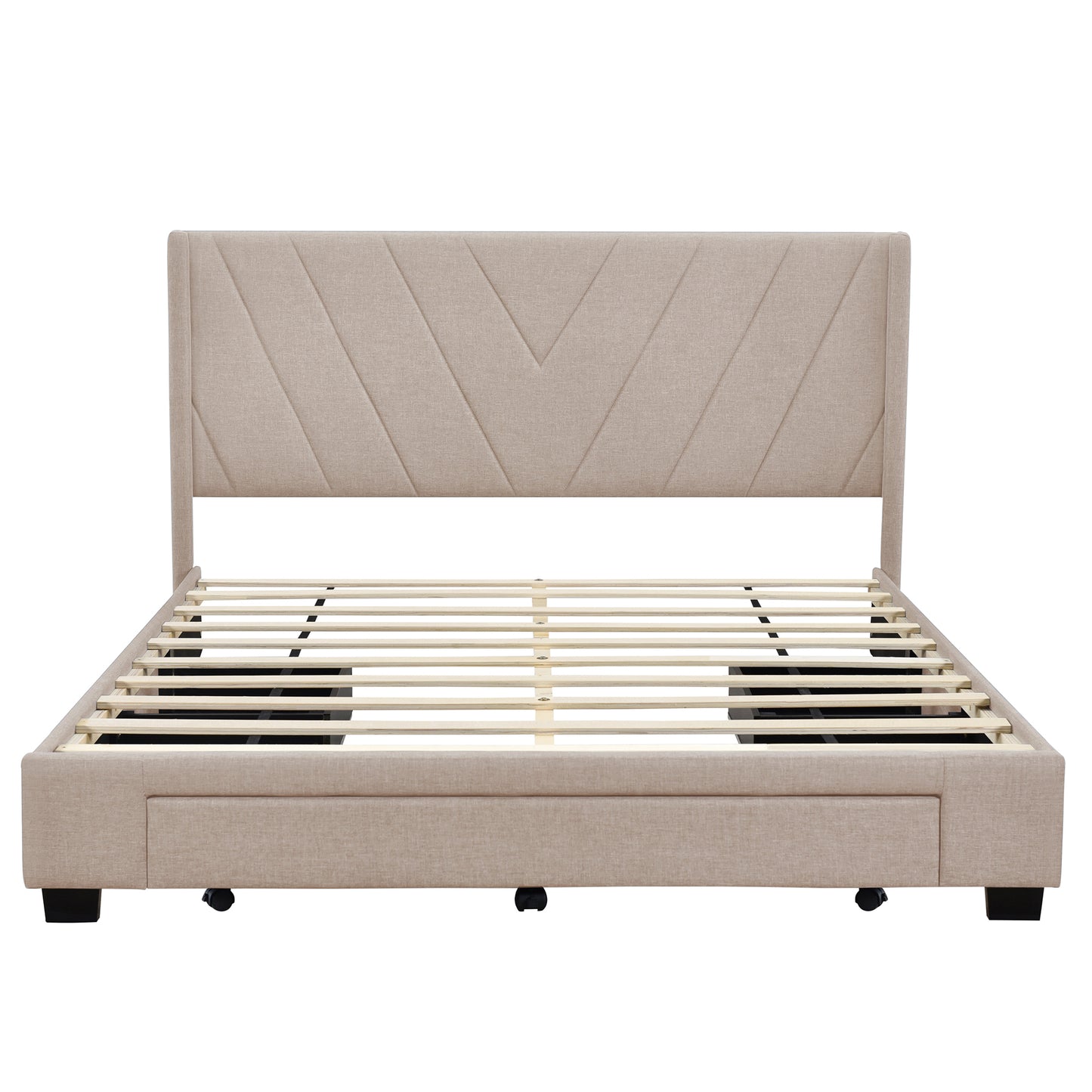 Queen Size Storage Bed Linen Upholstered Platform Bed with 3 Drawers (Beige)