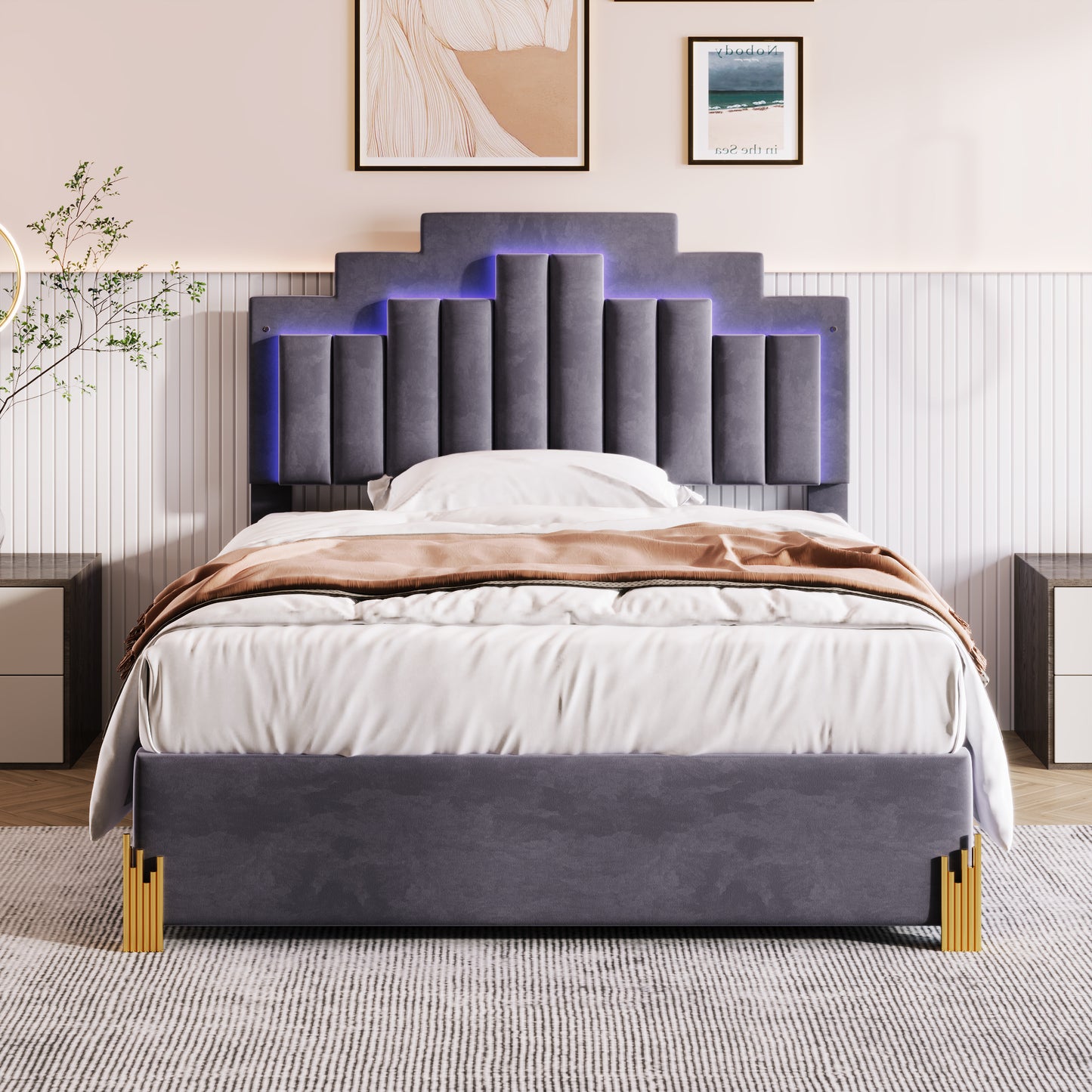 Full Size Upholstered Platform Bed with LED Lights and 4 Drawers, Stylish Irregular Metal Bed Legs Design, Gray