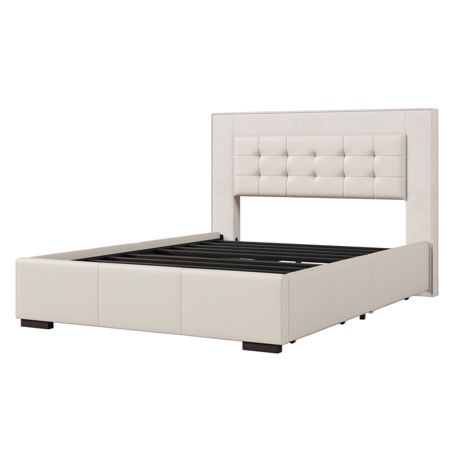 Modern Style Upholstered Queen Platform Bed Frame with Four Drawers, Button Tufted Headboard with PU Leather and Velvet, Beige