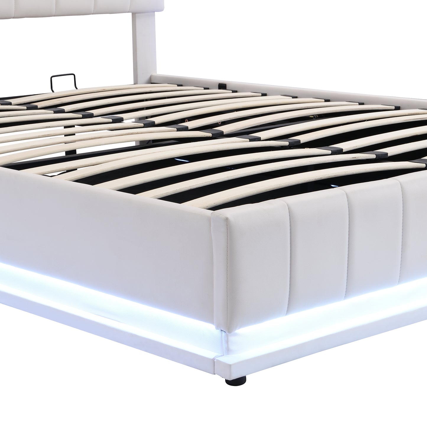 Queen Size Upholstered Bed with Hydraulic Storage System and LED Light, Modern Platform Bed with Sockets and USB Ports, White