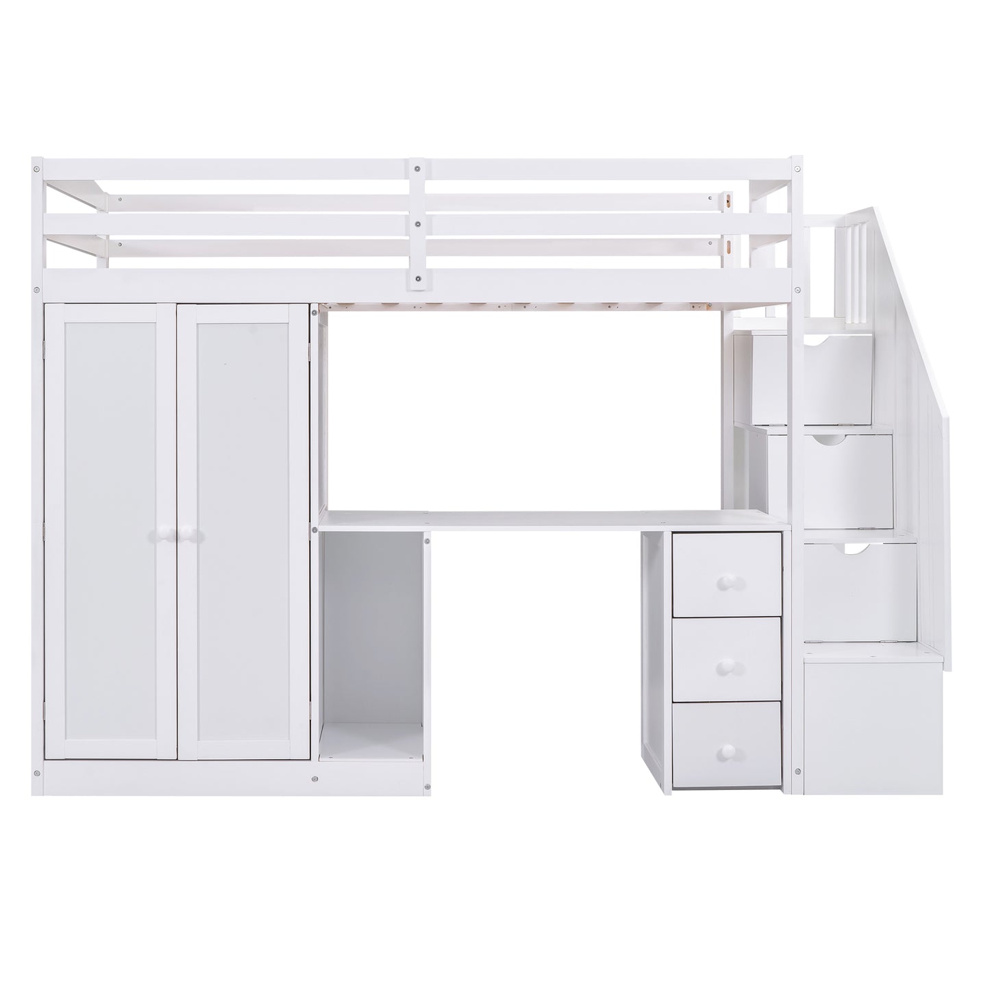 Twin Size Loft Bed with Wardrobe and Staircase, Desk and Storage Drawers and Cabinet in 1, White