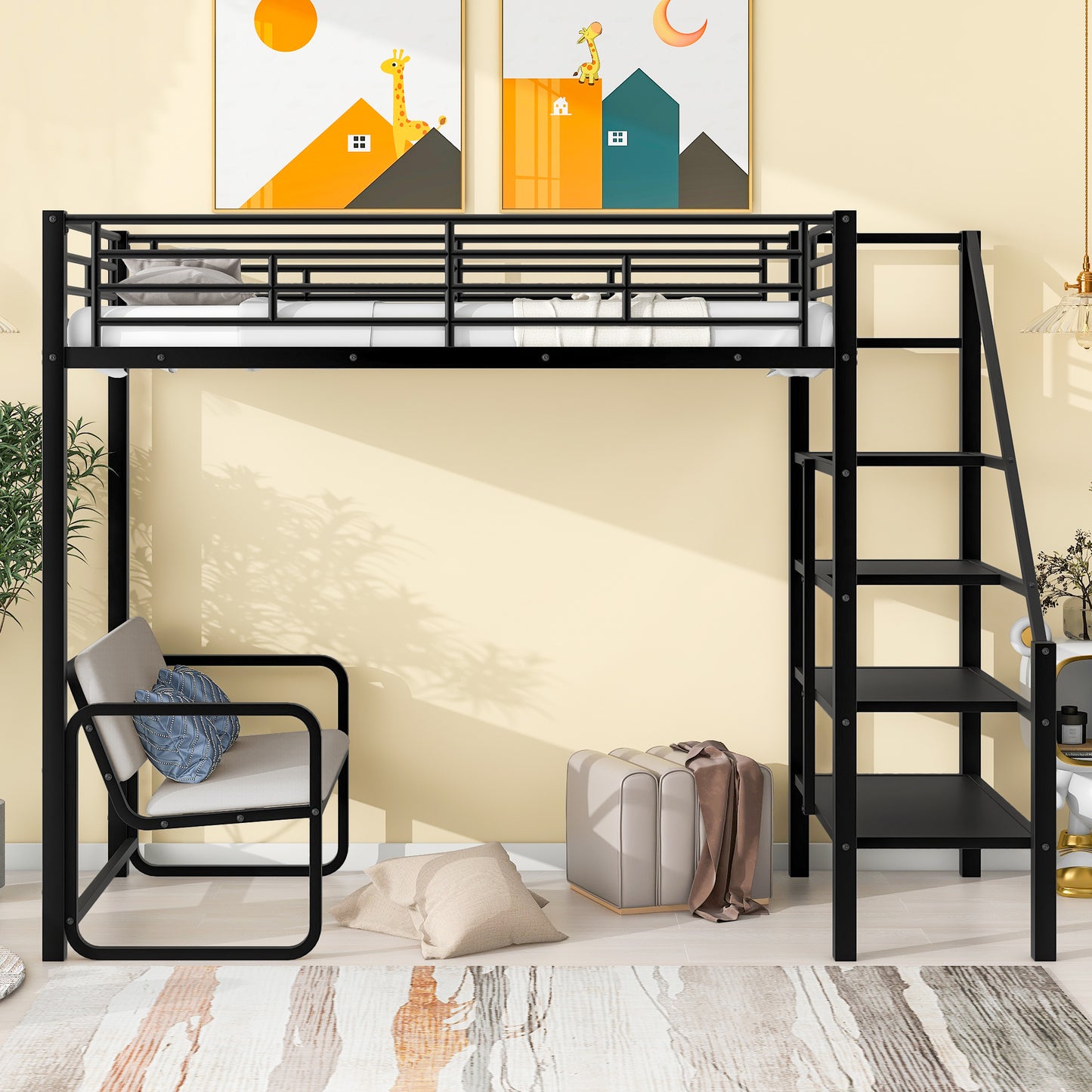 Twin Size Metal Loft Bed with Bench and Storage Staircase, Black