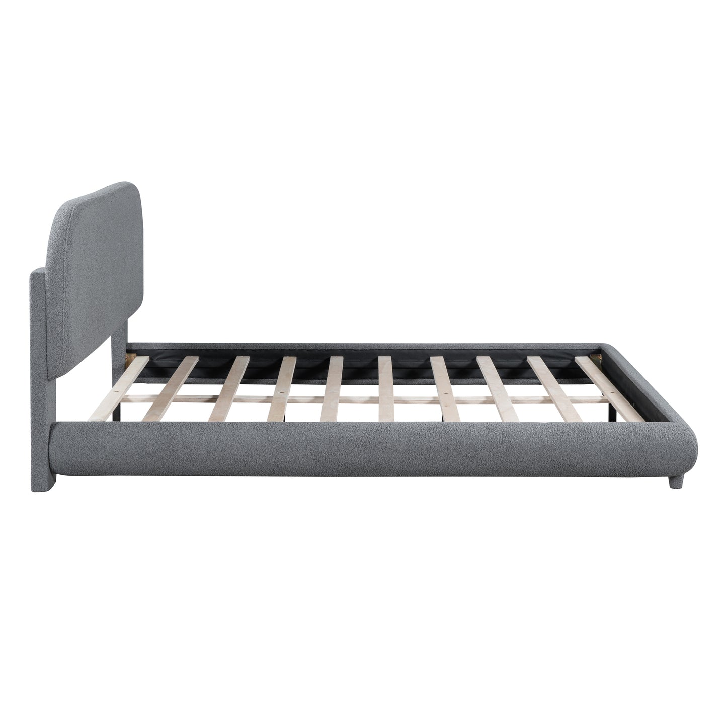 Teddy Fleece Queen Size Upholstered Platform Bed with Thick Fabric, Solid Frame and Stylish Curve-shaped Design, Gray