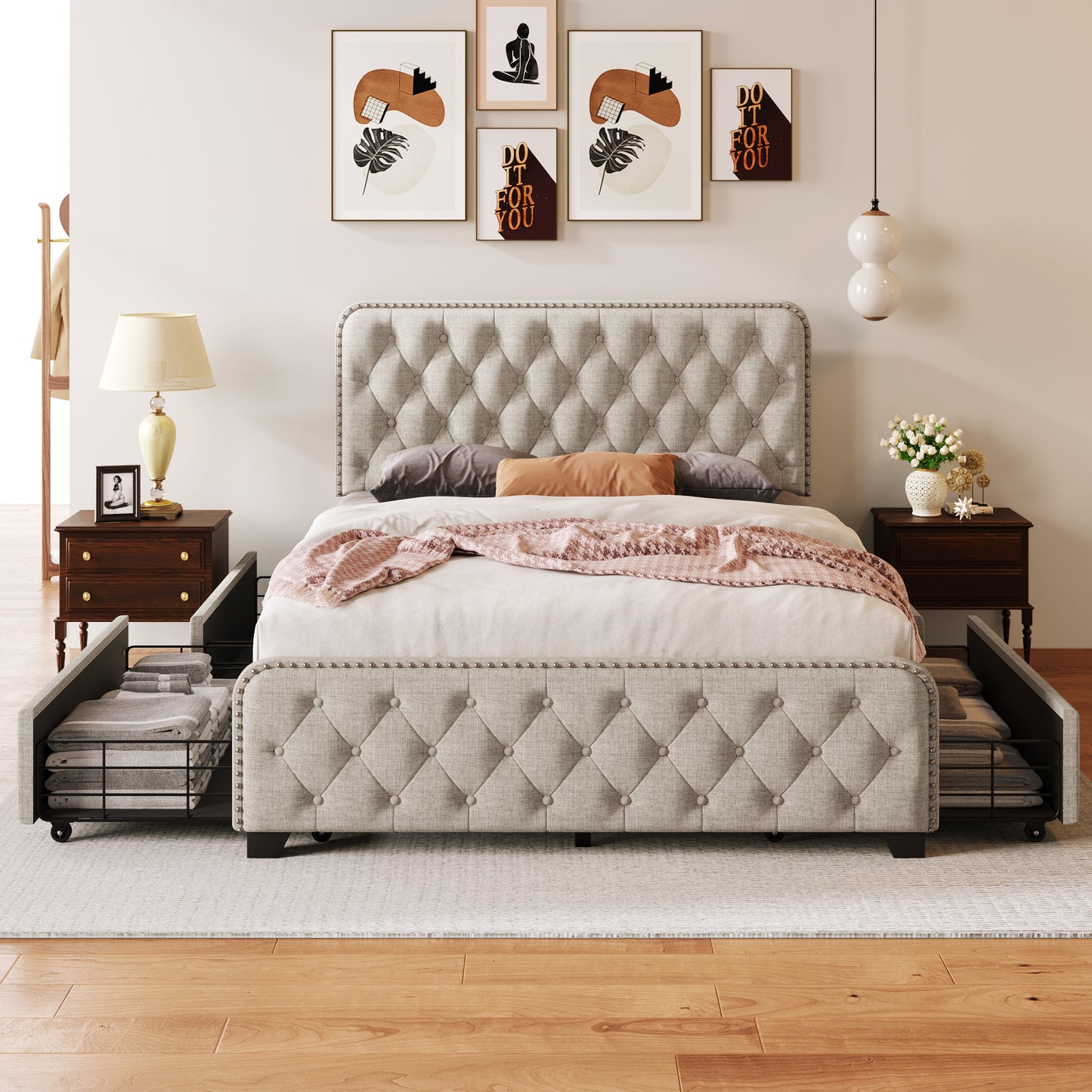 Upholstered Platform Bed Frame with Four Drawers, Button Tufted Headboard and Footboard Sturdy Metal Support, No Box Spring Required, Beige, Full