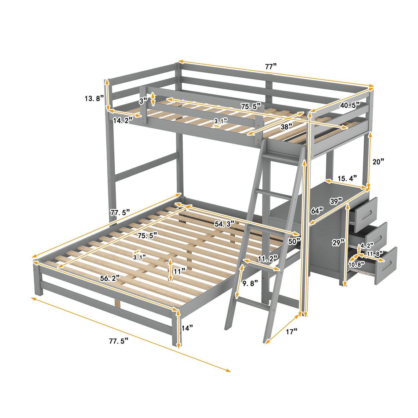 Twin over Full Bunk Bed with Built-in Desk and Three Drawers, Grey