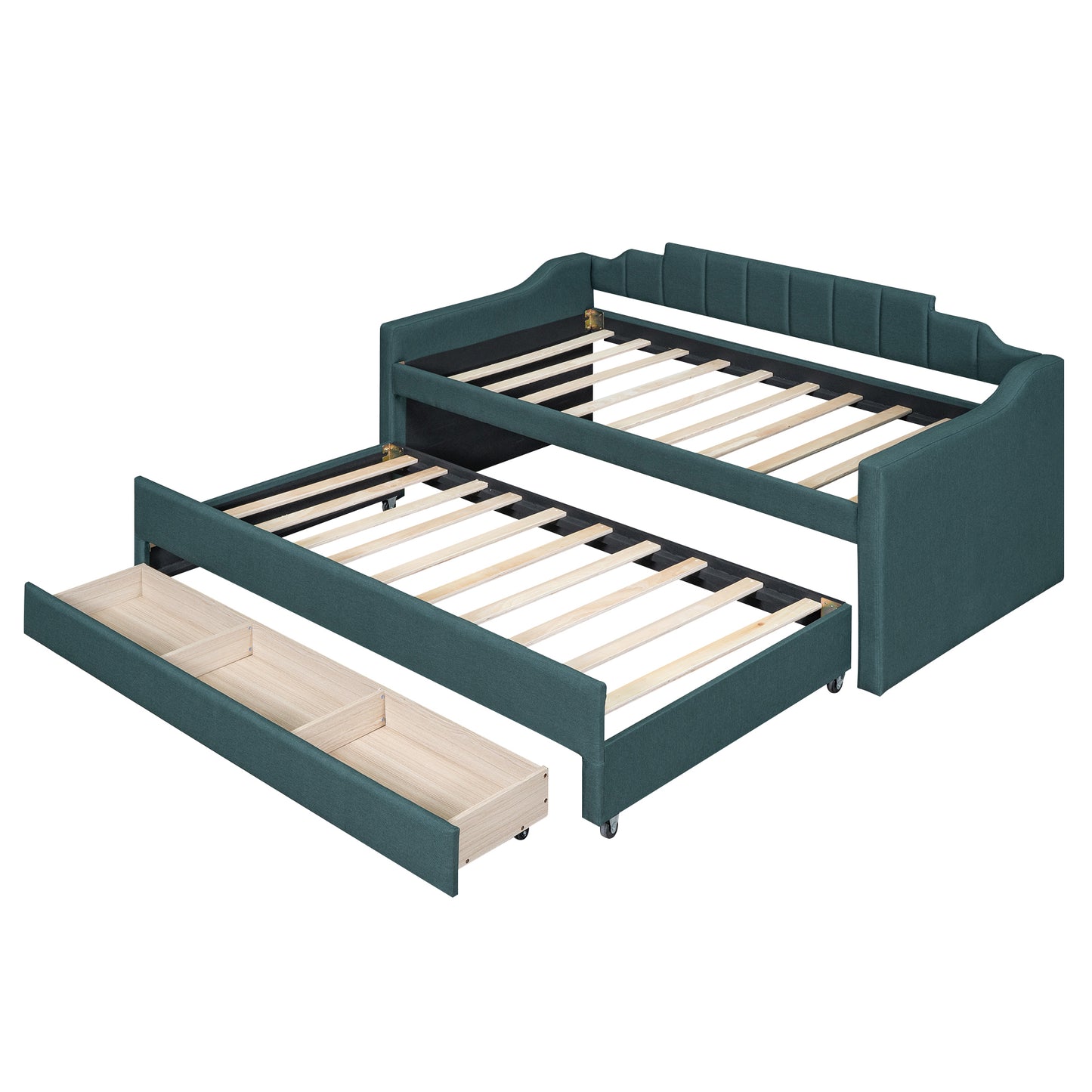 Twin Size Upholstered Daybed with Trundle and Three Drawers,Green