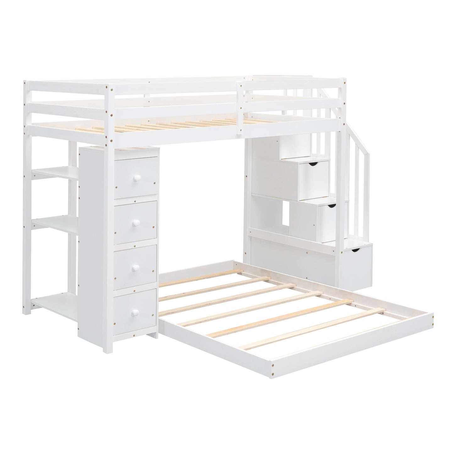 Twin Over Full Bunk Bed with 3-layer Shelves, Drawers and Storage Stairs, White