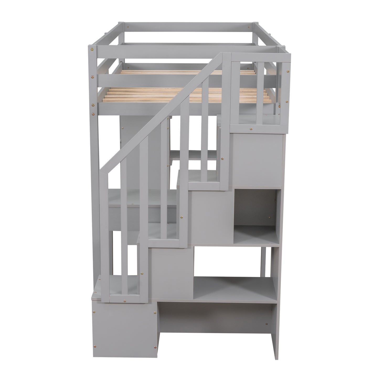 Twin size Loft Bed with Storage Drawers ,Desk and Stairs, Wooden Loft Bed with Shelves - Gray