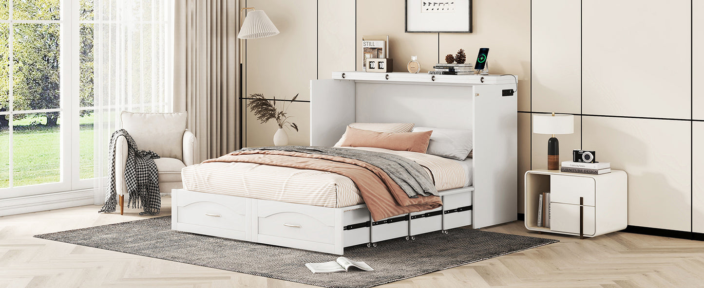 Queen Size Murphy Bed Wall Bed with drawer and a set of Sockets & USB Ports, Pulley Structure Design, White
